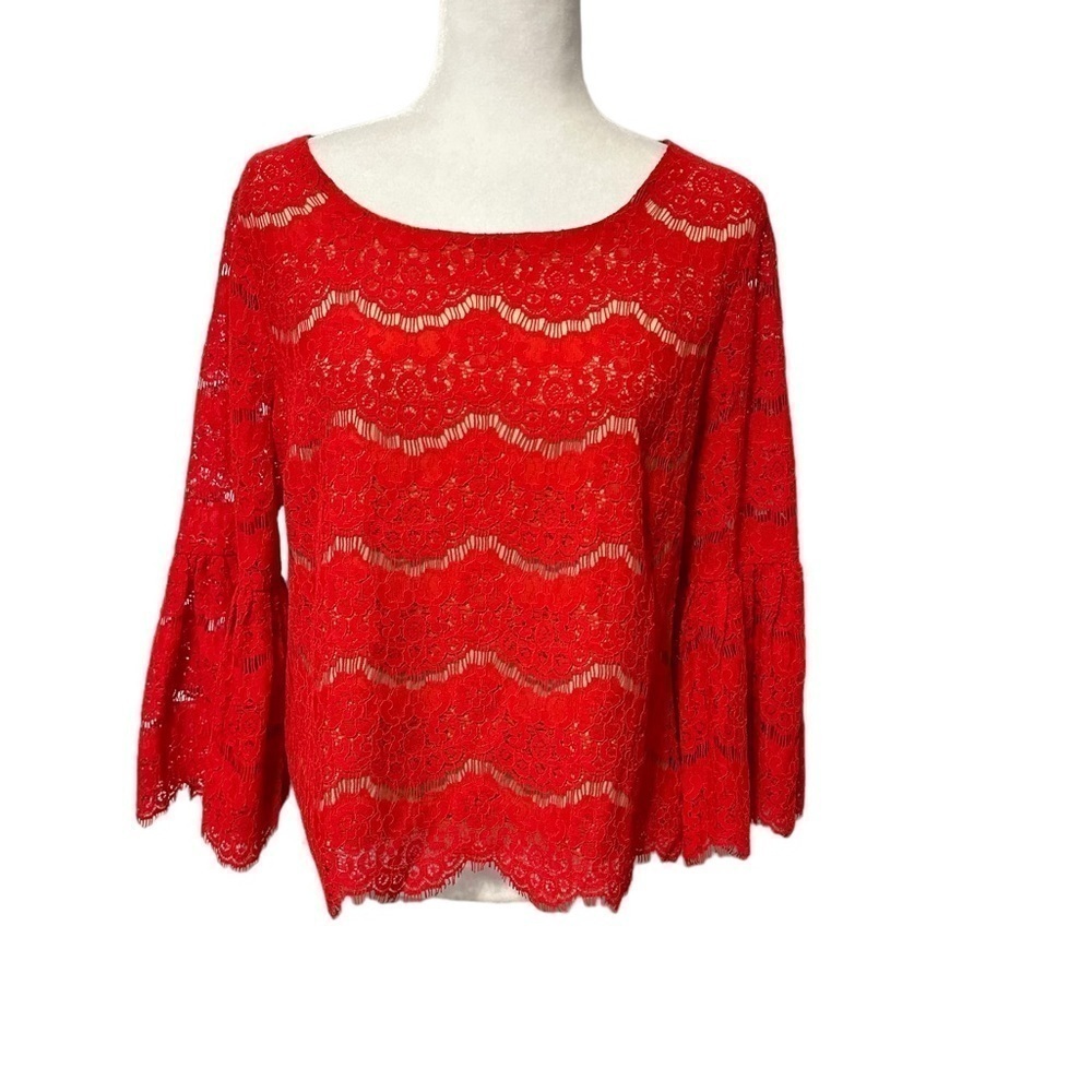 Rose + Olive Red Floral Lace Bell Sleeve Blouse Top Size‎ Large